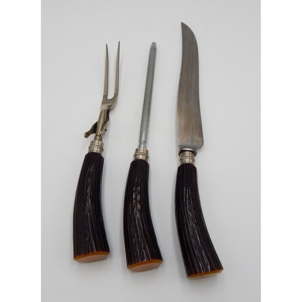 Latham & Owen Faux Elk Horn Carving Knife W/ Fork And Sharpener 3 Piece Set